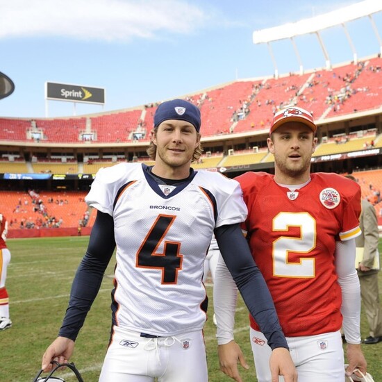 Britton (left) and Dustin Colquitt (right) prior to a NFL game between the Broncos and Chiefs