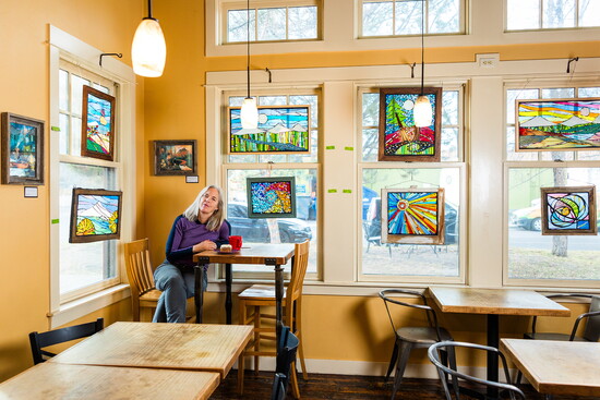 Find Schelz's mosaic stained glass art for sale in Bend at Nancy P's Cafe and Bakery at 1054 NW Milwaukee Ave. 