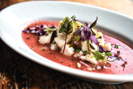 Local tomato gazpacho, seafood ceviche, lemon gremolata