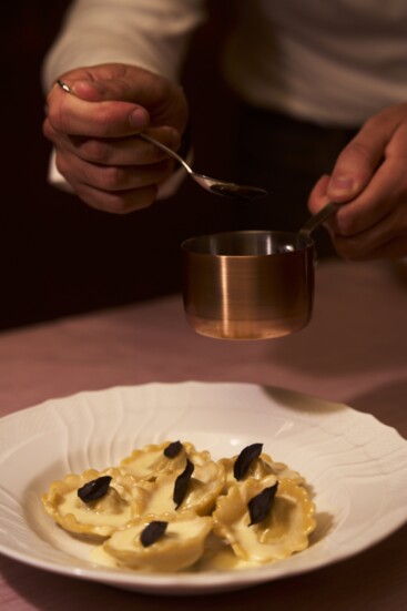 Eggplant cappalletti with gruyère and Madeira caramel