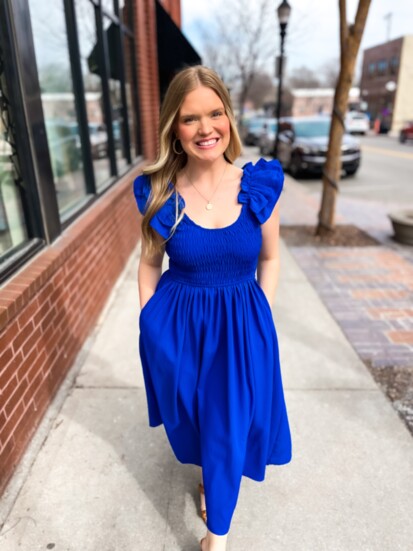 Smocked Ruffle Midi Dress – Blue