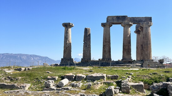 The crumbled ruins of Ancient Corinth still standing.