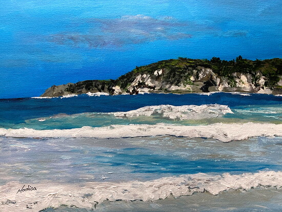 Blustery green sea with a cobalt blue sky. Working with the blues it was a learning experience.