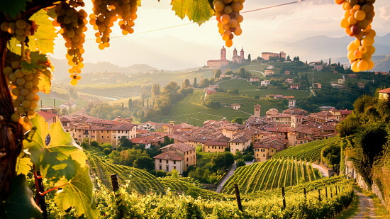 A beautiful sunset view over a lush Tuscan vineyard