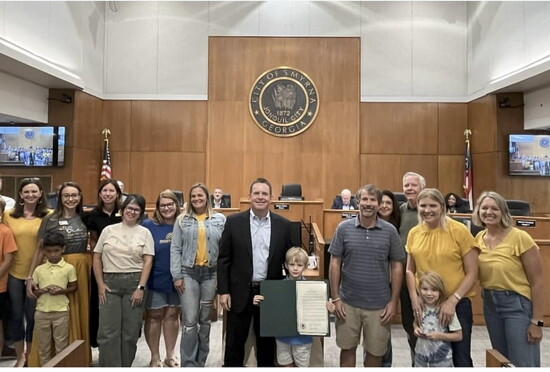 Noah Shields joined Mayor Derek Norton and community supporters for Smyrna’s Childhood Cancer Awareness proclamation.