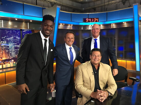 Former Bear Leonard Floyd with Canellis, Tom Thayer & Dan Hampton (seated), April 29, 2016, when Chicago drafted Floyd ninth overall. (Photo provided)
