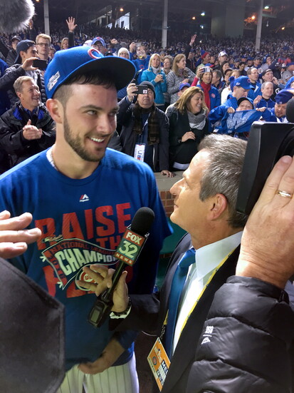 Canellis interviews Kris Bryant after Cubs’ historic 2016 World Series win—breaking a 108-year drought. (Photo provided)