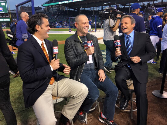 Broadcaster Chip Caray, actor Vince Vaughn and Canellis at Wrigley Field, October 29, 2016—Game 4 of the World Series. (Photo provided)