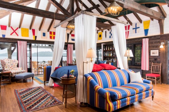 The boathouse suite on Upper Saranac Lake in NY at The Point, a Relais and Chateau property.