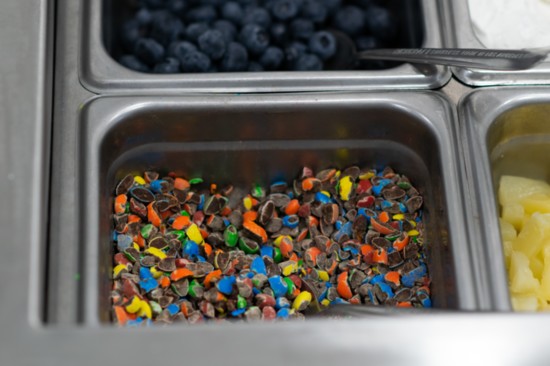 In addition to fresh fruit and diet-specific toppings, patrons can enjoy plenty of old standbys, like crushed M&Ms. 