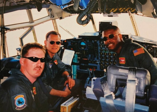 From left, flight engineer Matt Madden, aircraft commander Chuck Echols and co-pilot John Howard in the cockpit.