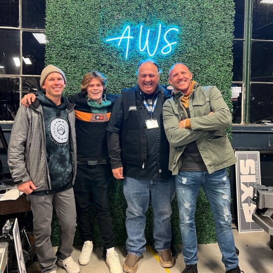 AWS founder Warren Freece (2nd from rt) with (l to r): wakesurf legend Tommy Chezchin, AWS team rider Tyler Higham, (far rt): Olympic wakeboarder Rusty Malinosk