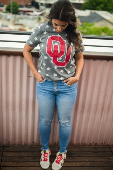 Kickoff Couture OU Top ($42.95), Flying Monkey Jeans ($69.95),  Vintage Havana Fur Tennis Shoes ($115)