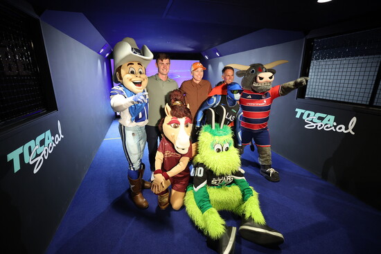 DFW sports mascots with Dallas Cowboys kicker Brandon Aubrey, Toca Social founder Eddie Lewis, and Olympic icon Abby Wambach