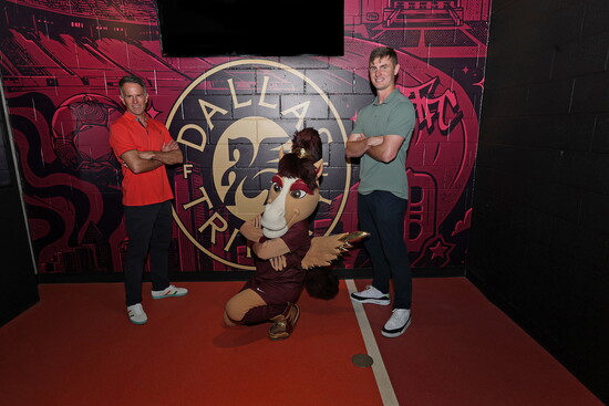 Toca Social founder Eddie Lewis, Dallas Trinity FC mascot Boots, Dallas Cowboys kicker Brandon Aubrey