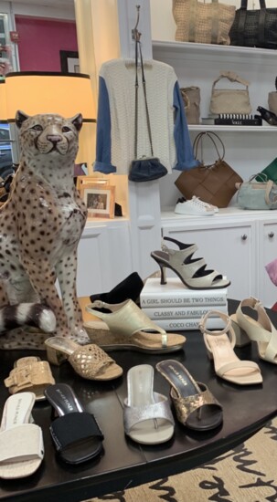 A display table in Gardiner & Co., featuring a cheetah decoration that's been in the shop for 34 years