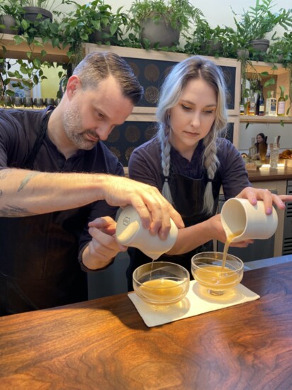 Bar director Jon Howard concentrating on our first cocktail pour. photo: Stacy Conde