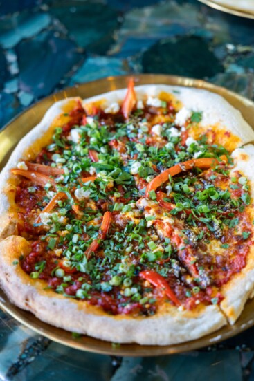 Roasted Pepper Pizza with Bulgarian feta and Zaatar honey