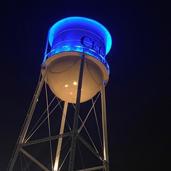 Downtown Water Tower is Lit Blue and Yellow in Support of Ukraine