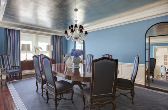 Get the look: Elegant & Bold interior paint:  Trim:  Benjamin Moore White Dove Satin Impervo Oil Ceiling: Gold Leaf