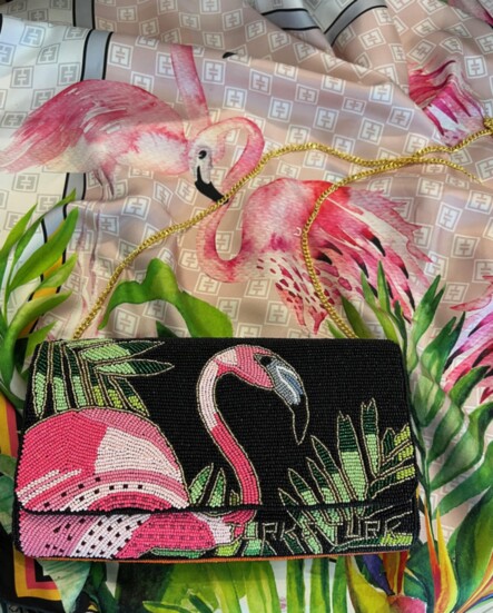 Turk & Turk Hand-beaded Flamingo Clutch & Matching Silk Scarf.