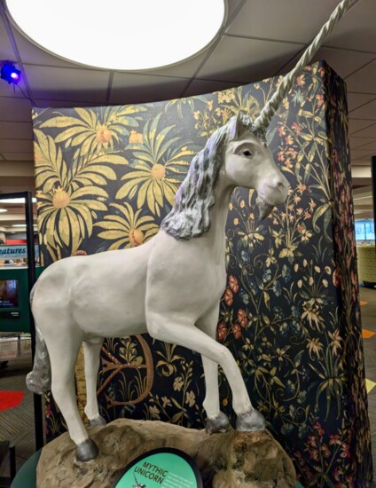 "Life-size" unicorn statue with its famous horn at the Ela Area Public Library. Photo: Christopher Sikorski