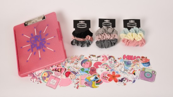 VSCO Girl Essentials: Pink Glitter Slimcase with Girl Power Design, Decorative Stickers, Mavi Band Scrunchies
