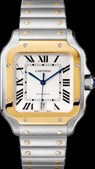 Santos De Cartier Watch, Large Model, Automatic, Gold and Steel, Interchangeable Leather and Metal Bracelets, price available upon request, Lenox Jewelers