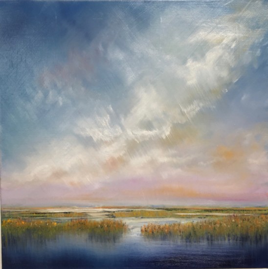 "September Sky" by Kris Davenport Toohey is inspired by the vibrant Saugatuck salt-marshes, 20 x 20 inches, oil, $900, www.KrisDavenportToohey.com