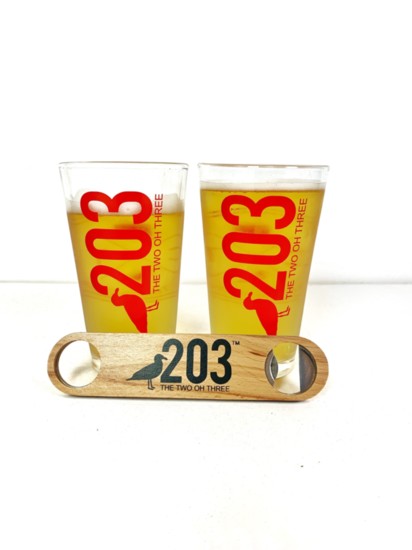 203 Pint Glass (2 pack) + Wooden Bottle Opener, $25, shopthe203.com