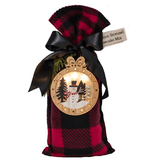 Cinnamon Streusel Coffeecake Mix with Light-up Wood Snowman ornament