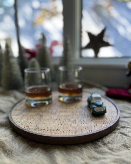 Round Wood and Cork Bar Tray | Bark Tray, $150, Alabama Sawyer, https://alasaw.com/collections/for-the-kitchen