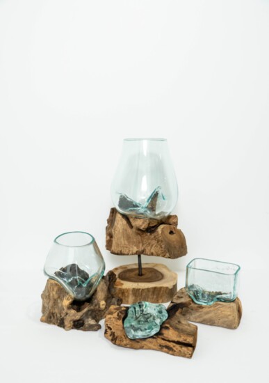 Hand crafted one-of-a-kind melted recycled glass vessels made by skilled artisans to fit perfectly on Gamal wood.