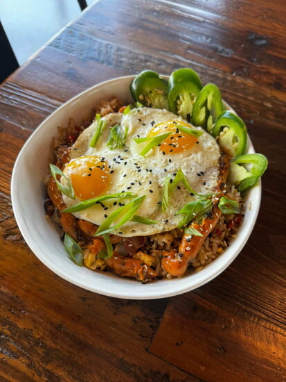 @breakfast. Serving up a savory Bacon Fried Rice at breakfast.