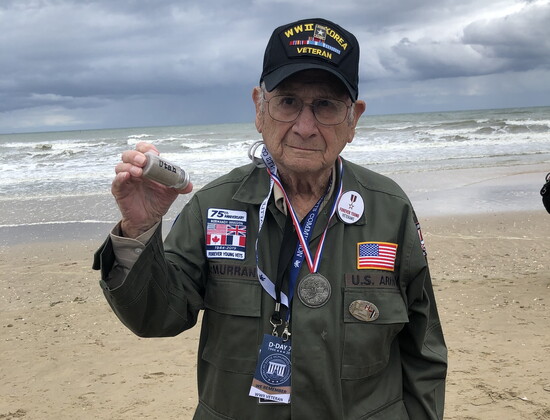 WWII Veteran Harold McMurran on Utah Beach, France. He landed there on D-Day.