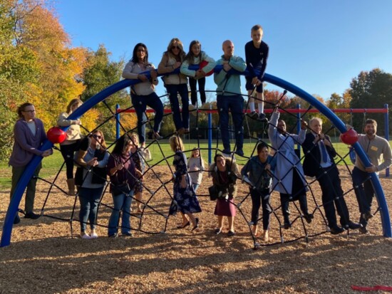 The ribbon-cutting for the Gideon Welles Playground expansion, partially funded by GEF