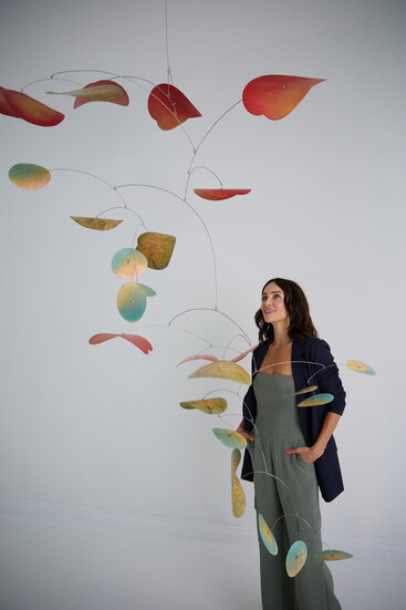 Sarah Meller, Saatchi Art CEO with sculptures by Saatchi Art artist Karolina Maszkiewicz. Photo by Stephen Ling