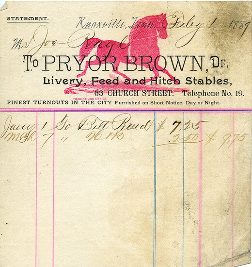 Historic financial statement from Pryor Brown Livery, Feed and Hitch Stables, 1889.