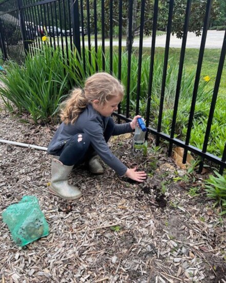 A young girl planting on Earth Day at the park.