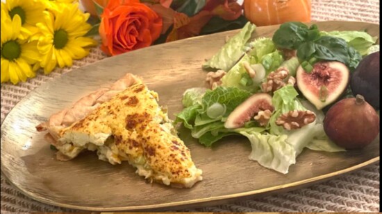 Green Chili Quiche with a side of salad with fig