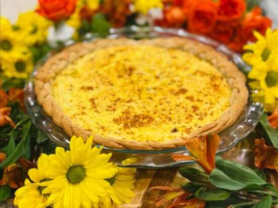 The rich color of the Green Chili Quiche blends perfectly with an autumn table setting. 