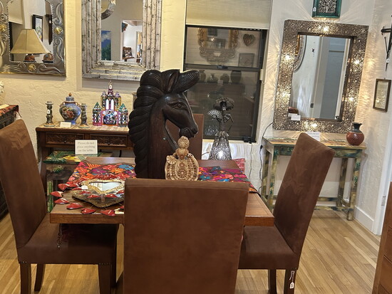 Custom mesquite furniture, Mata Ortiz ceramics, and fascinating art work.