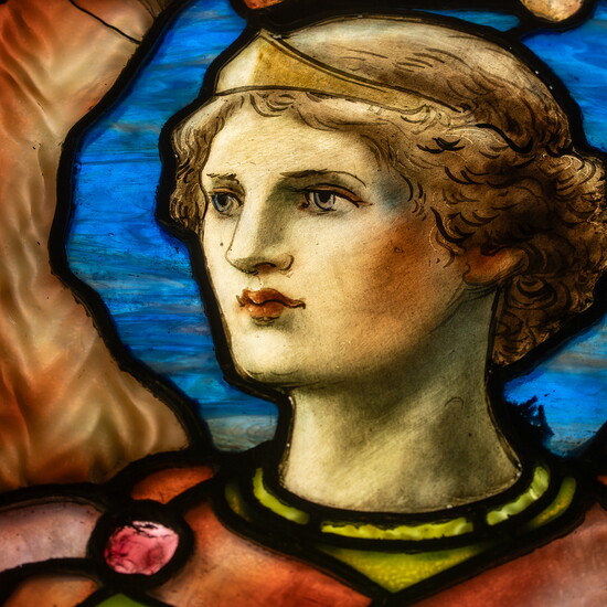 A close view reveals Tiffany’s layered glass, luminous color and expressive detail.