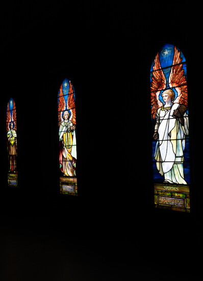 Three of the Seven Angels glow in their new permanent home at the Museum of Biblical Art.