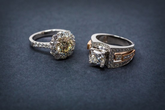 Halo diamond ring with 2.32 carat round diamond (left)  and radiant cut diamond ring, two-toned white and rose gold (right)