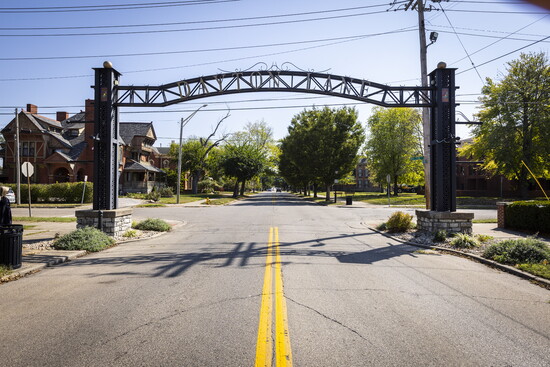 The ornamental entrance to the Dayton Lane district.