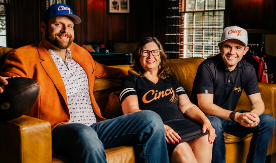 Cincinnati Bengals Center Ted Karras with Colleen Renie + Matt Renie. The three friends lead The Cincy Hat Foundation together.