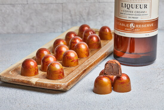 GooGoo Chocolate-Boot Heel Buzz bonbonStable Reserve coffee cream liqueur ganache, covered in a milk chocolate