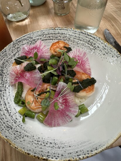 Terrain Cafe: Shrimp, heirloom grits with asparagus, radish and pickled jalapeño basil honey