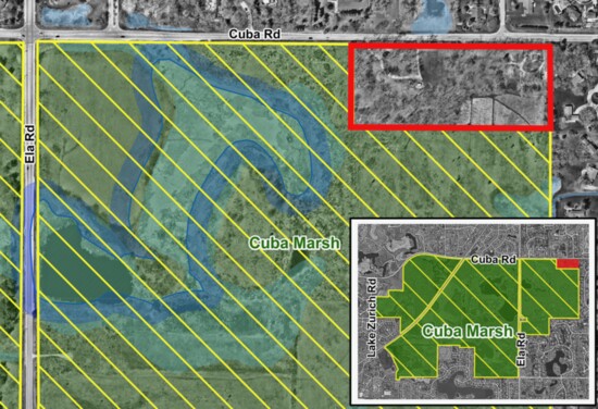 The area marked off in red on this map of Cuba Marsh Forest Preserve shows the newly acquired parcel completing its expansion.